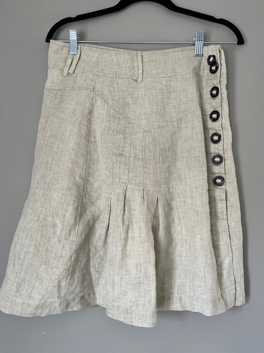 Neutral Linen-Blend A-Line Skirt with Side Button Detail